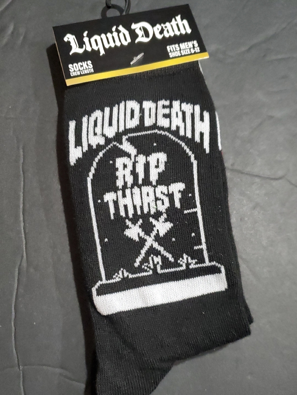 Liquid death RIP black red blood drip ombre effect men's crew socks brand new